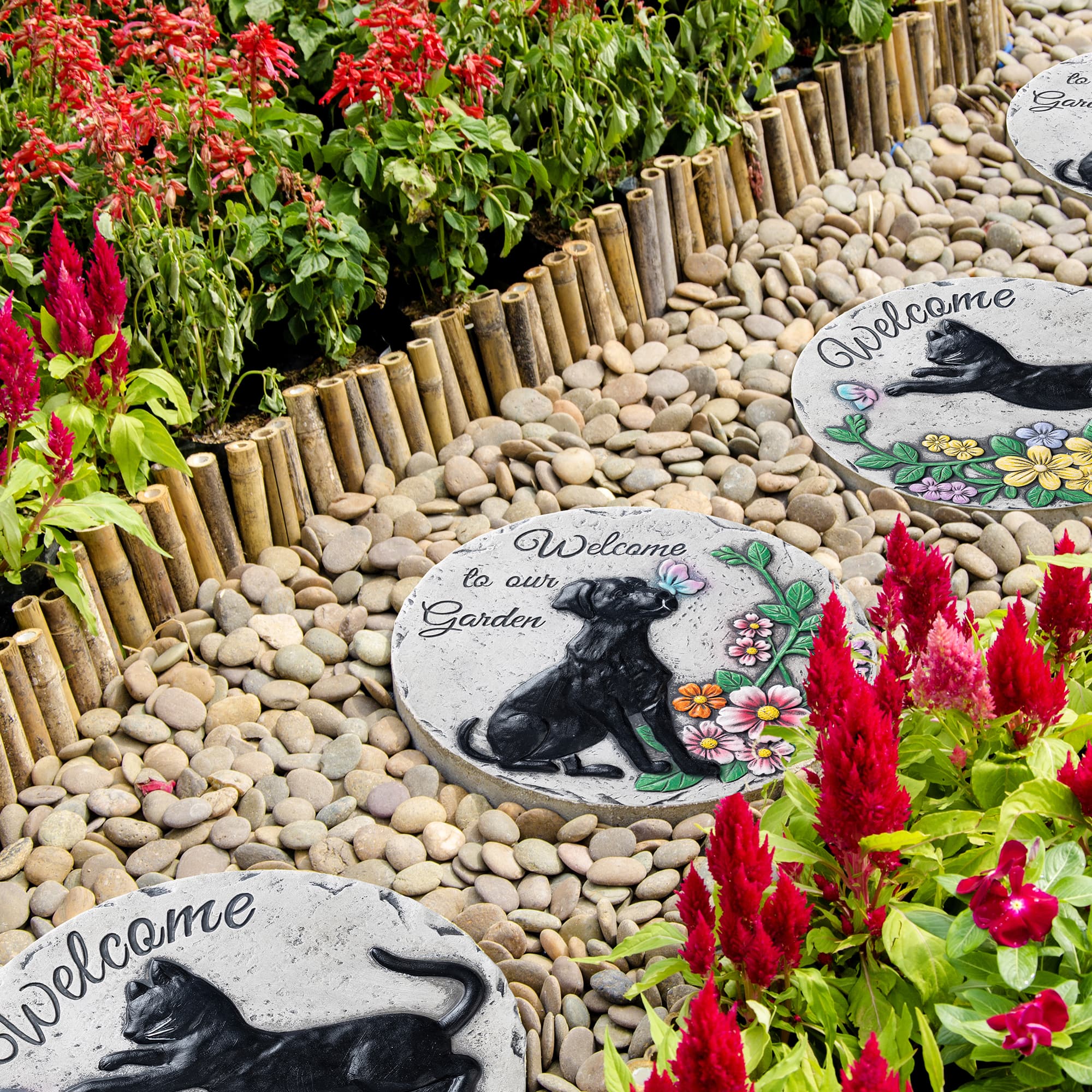 Glitzhome® 10" Set of 2 Cement Cat and Dog Textured Stepping Stones